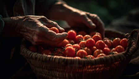 One farmer holding ripe tomato from vegetable garden generated by artificial intelligenceの素材