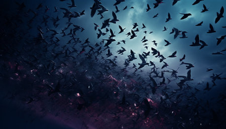 Silhouette of flying fish in spooky underwater night generated by artificial intelligenceの素材