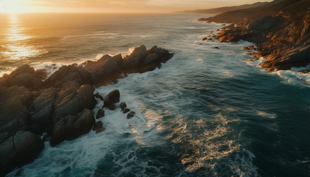 Sunset over rocky coastline, waves crash below generated by artificial intelligenceの素材