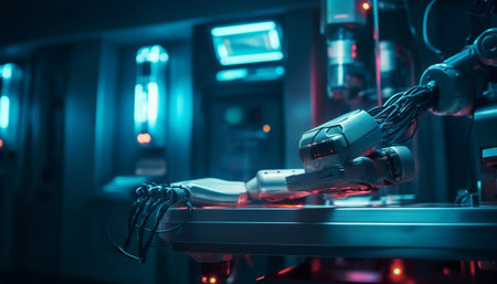 Robotic arm in futuristic factory controls machinery generated by artificial intelligenceの素材
