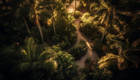 Tropical palm trees illuminate tranquil Caribbean coast generated by artificial intelligenceの素材