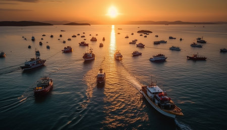 Sailing ship at dusk on tranquil water generated by artificial intelligenceの素材