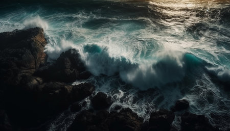 Breaking waves crash on majestic rocky coastline generated by artificial intelligenceの素材