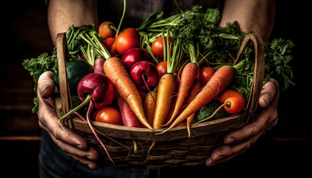 Fresh vegetables in wicker basket for healthy eating generated by artificial intelligenceの素材