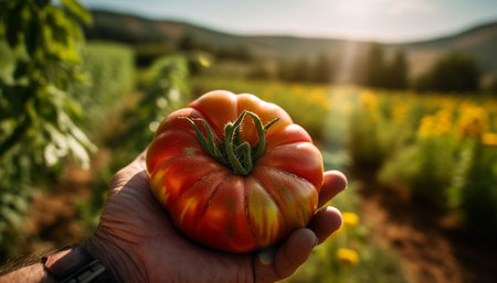 Hand holding ripe tomato in organic vegetable garden generated by artificial intelligenceの素材