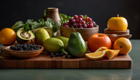 Fresh organic fruit collection on wooden table generated by artificial intelligenceの素材