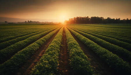 Vibrant sunset over organic farm meadow scene generated by artificial intelligenceの素材