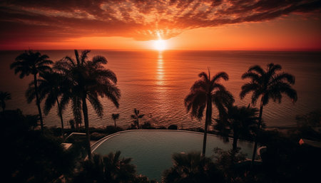 Silhouette of palm tree against orange sunset generated by artificial intelligenceの素材