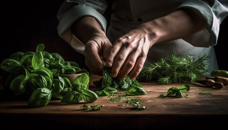 Chef hand prepares fresh organic vegetarian salad generated by artificial intelligenceの素材