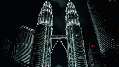 Futuristic skyscrapers illuminate Malaysian city at dusk generated by artificial intelligenceの素材