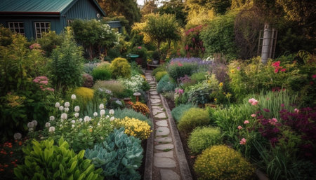 Fresh tulips blossom in landscaped formal garden generated by artificial intelligenceの素材