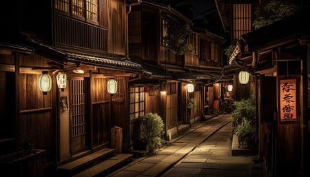 Illuminated lanterns adorn old Japanese tea room generated by artificial intelligenceの素材