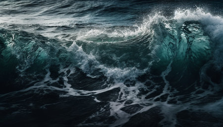 Beauty in nature Blue wave crashing on coastline generated by artificial intelligenceの素材