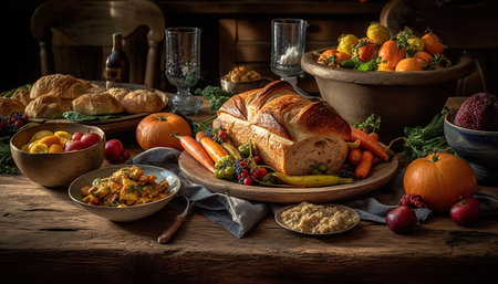 Rustic autumn meal prepared on wooden table generated by artificial intelligenceの素材