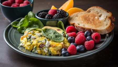 Fresh gourmet salad with berry fruits and avocado generated by artificial intelligenceの素材