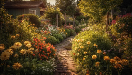 Yellow flower head blossoms in tranquil formal garden generated by artificial intelligenceの素材