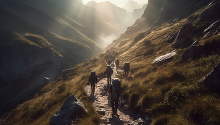 Men and women hiking mountain peak at sunrise generated by artificial intelligenceの素材