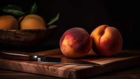 Juicy peach slice on rustic wooden table generated by artificial intelligenceの素材