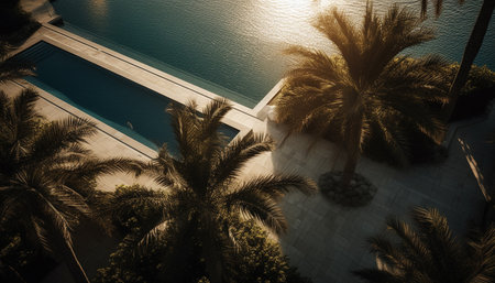 Tropical palm trees sway in the sunset generated by artificial intelligenceの素材