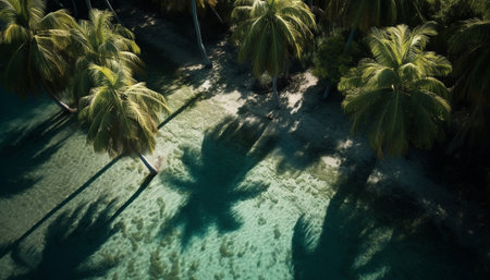 Tropical palm tree sways in tranquil sunset generated by artificial intelligenceの素材