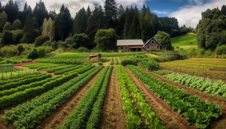 Green landscape, fresh growth, tranquil outdoors beauty generated by artificial intelligenceの素材