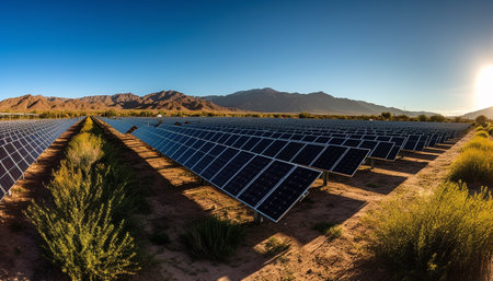 Sunset over mountain range powers sustainable energy generated by artificial intelligenceの素材