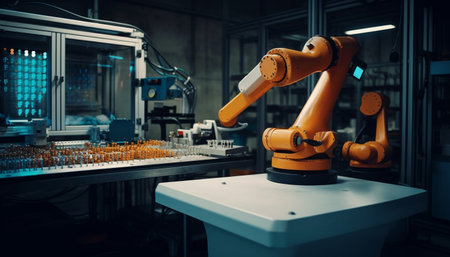Robotic arm welding steel in futuristic factory generated by artificial intelligenceの素材