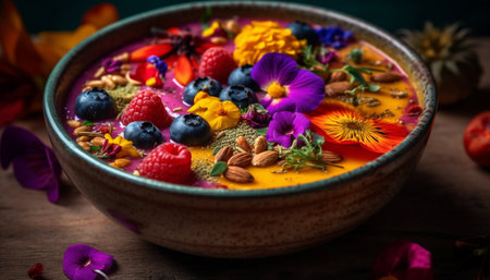 Fresh organic berries and granola in bowl generated by artificial intelligenceの素材
