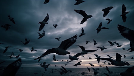 Silhouette seagulls spread wings in tranquil twilight coastline generated by artificial intelligenceの素材
