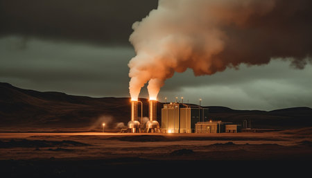 Smokestacks spew pollution into the night sky generated by artificial intelligenceの素材