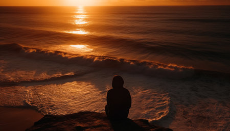 Silhouette of one person sitting on rock generated by artificial intelligenceの素材
