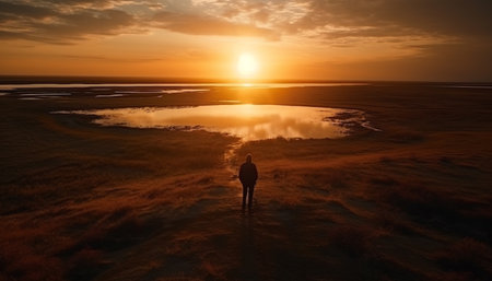 One person walking on sand at sunset generated by artificial intelligenceの素材