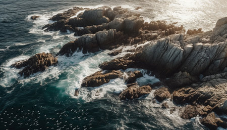 Breaking waves crash against rocky coastline, idyllic beauty generated by artificial intelligenceの素材