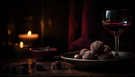 Luxury dark chocolate dessert on rustic wooden table generated by artificial intelligenceの素材
