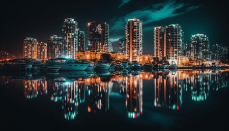 Luxury apartment reflects modern city skyline at dusk generated by artificial intelligenceの素材