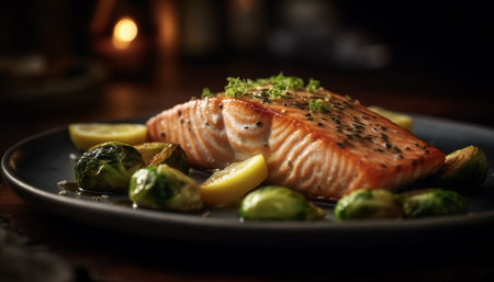 Grilled salmon fillet with fresh vegetable salad generated by artificial intelligenceの素材
