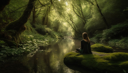 Women sitting in tranquil forest, enjoying nature generated by artificial intelligenceの素材
