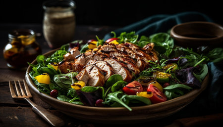 Grilled fillet and salad on rustic plate generated by artificial intelligenceの素材