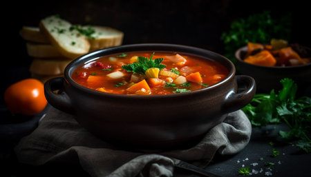 Healthy vegetable soup on rustic wooden table generated by artificial intelligenceの素材