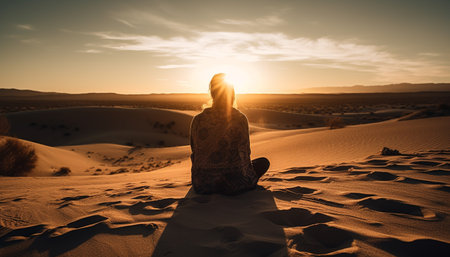 Silhouette of serene people meditating at sunset generated by artificial intelligenceの素材