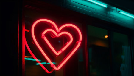 Glowing heart shapes illuminate the romantic night generated by artificial intelligenceの素材