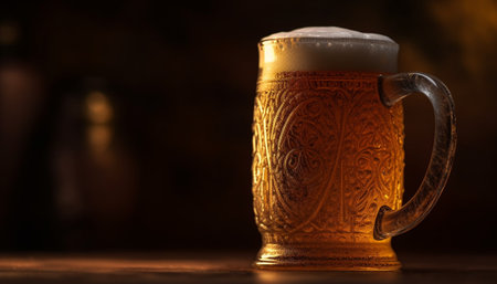 Frothy beer in rustic pub, celebrating German culture generated by artificial intelligenceの素材