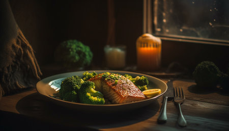 Grilled fillet of steak on rustic plate generated by artificial intelligenceの素材