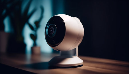 Watching surveillance camera on computer monitor indoors generated by artificial intelligenceの素材