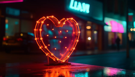 Glowing heart shapes illuminate the vibrant city nightlife generated by artificial intelligenceの素材