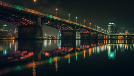 Man made skyline illuminates famous city at night generated by artificial intelligenceの素材