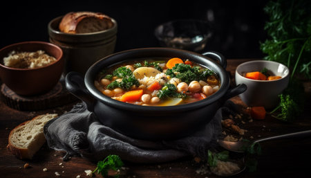 Rustic beef stew with fresh vegetables and herbs generated by artificial intelligenceの素材