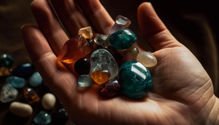 Precious gemstones shine in human hand collection generated by artificial intelligenceの素材
