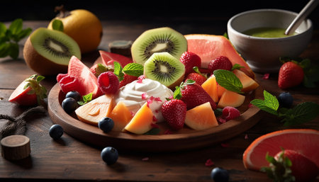 Fresh fruit salad with berries and mint leaves generated by artificial intelligenceの素材