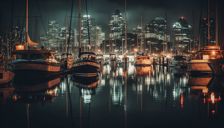 Illuminated yacht sails past city skyline at dusk generated by artificial intelligenceの素材
